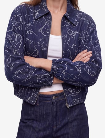 Pamuklu Fermuarlı Uzun Kollu Oversize Çiçek Desenli Bomber Ceket