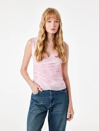 Slim Fit Kruvaze Yaka Kolsuz Çiçekli Tül Bluz