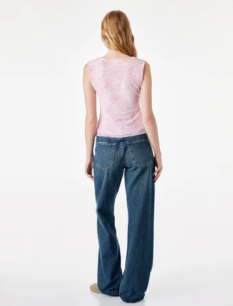 Slim Fit Kruvaze Yaka Kolsuz Çiçekli Tül Bluz