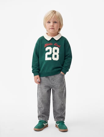 Uzun Kollu Baskılı Pamuklu Oversize Polo Yaka Sweatshirt