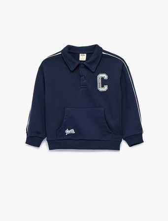 Uzun Kollu Kanguru Cepli Nakış Detaylı Oversize Polo Yaka Sweatshirt