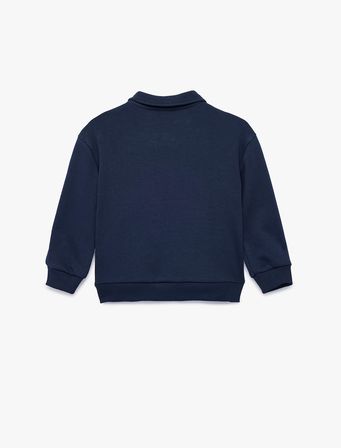 Uzun Kollu Kanguru Cepli Nakış Detaylı Oversize Polo Yaka Sweatshirt