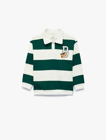 İşleme Detaylı Düğmeli Uzun Kollu Oversize Polo Yaka Sweatshirt