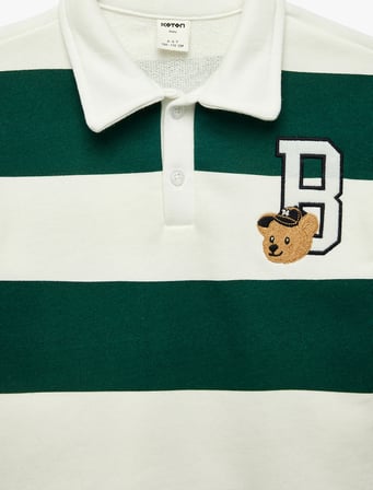 İşleme Detaylı Düğmeli Uzun Kollu Oversize Polo Yaka Sweatshirt