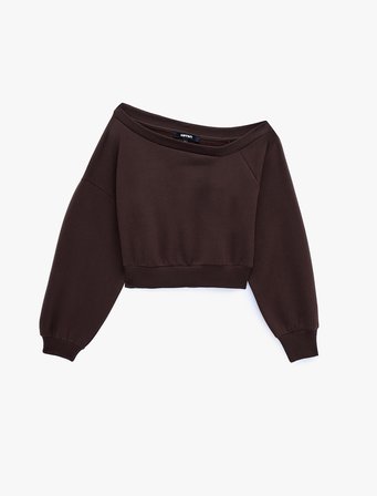 Uzun Kollu Üç İplik Asimetrik Kayık Yaka Omzu Açık Sweatshirt