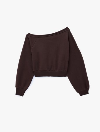 Uzun Kollu Üç İplik Asimetrik Kayık Yaka Omzu Açık Sweatshirt
