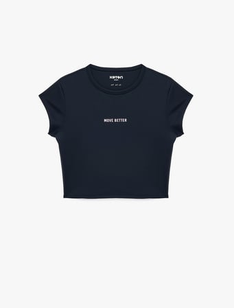 Slim Fit Bisiklet Yaka Kısa Kollu Baskılı Crop Spor Tişört