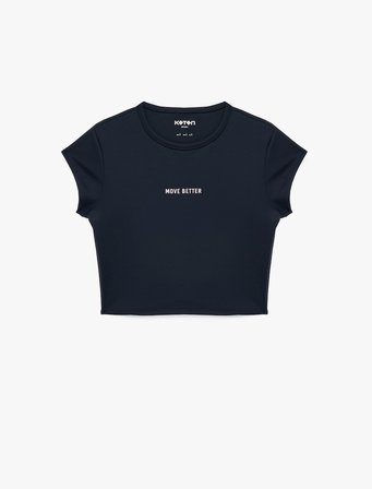 Slim Fit Bisiklet Yaka Kısa Kollu Baskılı Crop Spor Tişört
