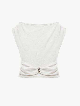 Aksesuarlı Slim Fit Pamuklu Kayık Yaka Kolsuz Floral Dokulu Asimetrik Bluz