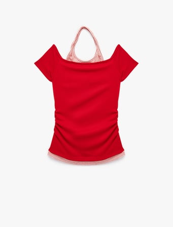 Viskon Slim Fit Omzu Açık Kısa Kollu Halter Yaka Tişört