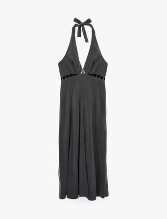 Viskon Halter Yaka Boncuk Detaylı Kolsuz Uzun Elbise