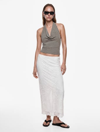 Slim Fit Normal Bel Midi Yırtmaçlı Dantel Etek