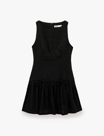 Keten Karışımlı Kolsuz Bisiklet Yaka Volümlü Mini Kloş Elbise