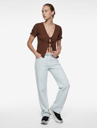 Pamuklu Cep Detaylı Beli Bağcıklı Bol Pantolon - Loose Straight Fit Jean