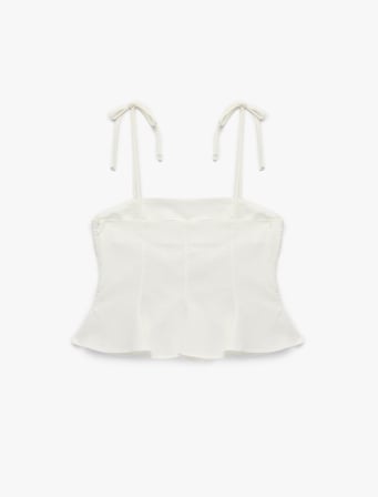 Slim Fit Hafif Peplum Kesim Pileli İp Askılı Crop Keten Bluz