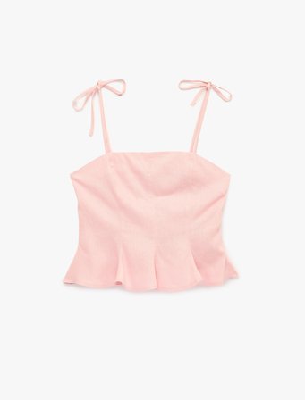 Slim Fit Hafif Peplum Kesim Pileli İp Askılı Crop Keten Bluz