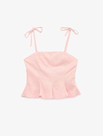 Slim Fit Hafif Peplum Kesim Pileli İp Askılı Crop Keten Bluz