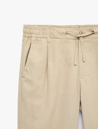 Slim Fit Cepli Pileli Keten Karışımlı Düğmeli Beli Lastikli Bağcıklı Pantolon