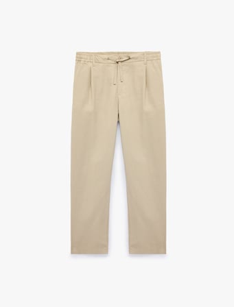 Slim Fit Cepli Pileli Keten Karışımlı Düğmeli Beli Lastikli Bağcıklı Pantolon