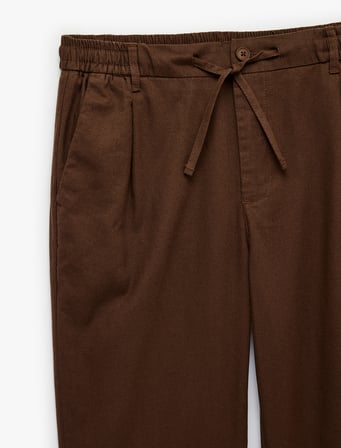 Slim Fit Cepli Pileli Keten Karışımlı Düğmeli Beli Lastikli Bağcıklı Pantolon