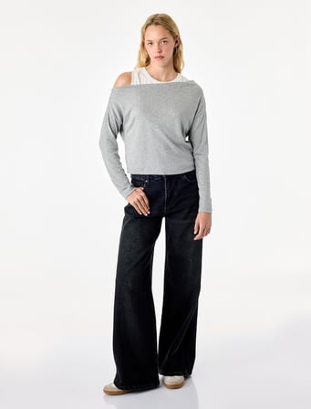 Slim Fit Viskon Karışımlı Asimetrik Yaka Uzun Kollu Katmanlı Tişört