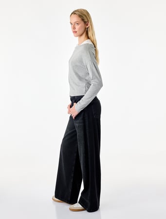 Slim Fit Viskon Karışımlı Asimetrik Yaka Uzun Kollu Katmanlı Tişört
