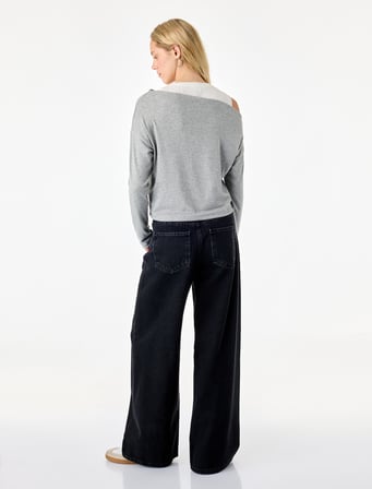 Slim Fit Viskon Karışımlı Asimetrik Yaka Uzun Kollu Katmanlı Tişört