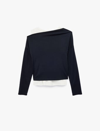 Slim Fit Viskon Karışımlı Asimetrik Yaka Uzun Kollu Katmanlı Tişört