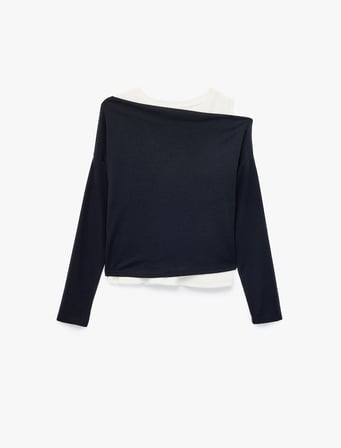 Slim Fit Viskon Karışımlı Asimetrik Yaka Uzun Kollu Katmanlı Tişört