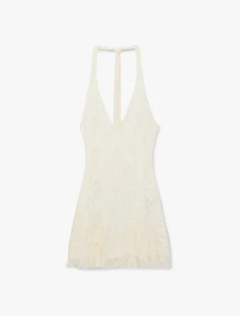 Dantelli Payetli Halter Yaka Boyundan Bağlamalı Kolsuz Mini Bridal Elbise
