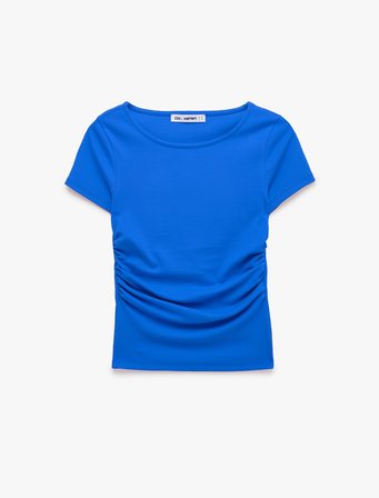Pamuklu Slim Fit Kayık Yaka Kısa Kollu Drapeli Tişört