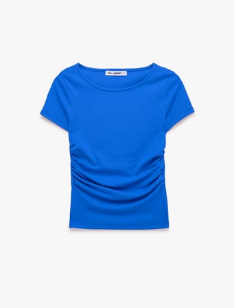 Pamuklu Slim Fit Kayık Yaka Kısa Kollu Drapeli Tişört