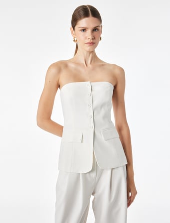 Slim Fit Cep Detaylı Düğmeli Peplum Kesim Straplez Yelek Bluz