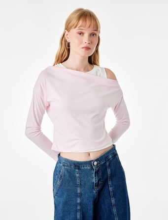 Slim Fit Viskon Karışımlı Asimetrik Yaka Uzun Kollu Katmanlı Tişört