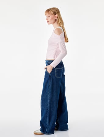 Slim Fit Viskon Karışımlı Asimetrik Yaka Uzun Kollu Katmanlı Tişört