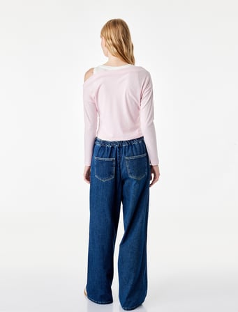 Slim Fit Viskon Karışımlı Asimetrik Yaka Uzun Kollu Katmanlı Tişört