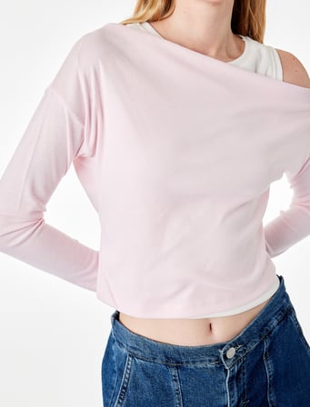 Slim Fit Viskon Karışımlı Asimetrik Yaka Uzun Kollu Katmanlı Tişört