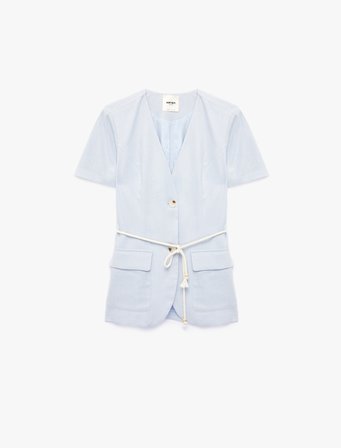 Keten Karışımlı Cepli Bağcık Detaylı Kısa Kollu Blazer Ceket