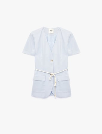Keten Karışımlı Cepli Bağcık Detaylı Kısa Kollu Blazer Ceket