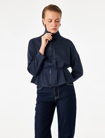 Slim Fit Uzun Kollu Fermuarlı Pileli Dik Yaka Ceket