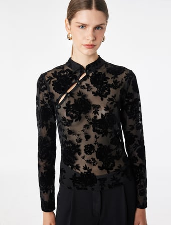 Uzun Kollu Floral Dokulu Dik Qipao Yaka Tül Tişört