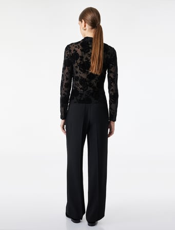 Uzun Kollu Floral Dokulu Dik Qipao Yaka Tül Tişört