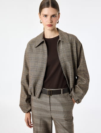 Fermuarlı Ekose Oversize Bomber Ceket