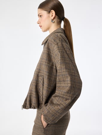 Fermuarlı Ekose Oversize Bomber Ceket