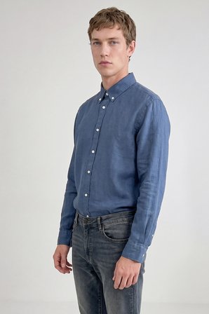 %100 Keten Regular Fit Normal Kesim Siyah Gömlek