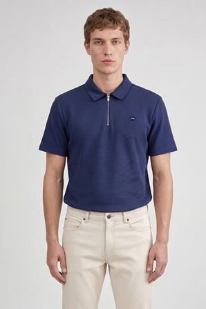 %100 Pamuk Relaxed Fit Rahat Kesim Yarım Fermuarlı Polo Yaka Tişört