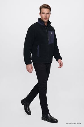 Regular Fit Normal Kesim Dik Yaka Tam Fermuarlı Cepli Sherpa Sweatshirt Polar