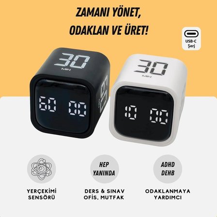 GWORKE GT-1 İkili Set | Pomodoro Zamanlayıcı Küp | Flip Timer | Öğrenci Ders Çalışma Saati - Siyah & Beyaz
