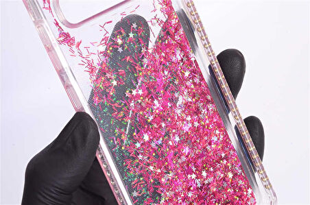 Samsung Galaxy S10 Plus Uyumlu Yanları Taşlı Sulu Simli Lüx Silikon Kılıf - Pembe