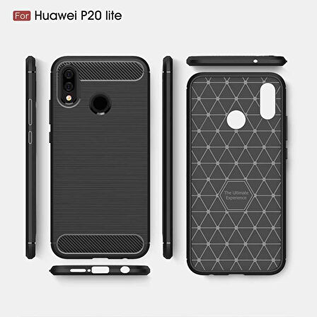 Huawei P20 Lite ile Uyumlu Kamera Korumalı Darbe Önleyici Carbon Brushed Silikon Kılıf